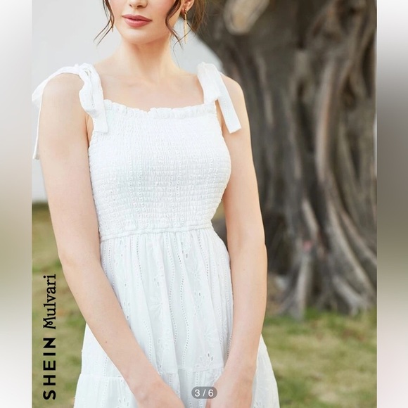 SHEIN Mulvari Shirred Knot Shoulder
Ruffle Hem Schiffy MIDI Dress Size M
White - Picture 3 of 14